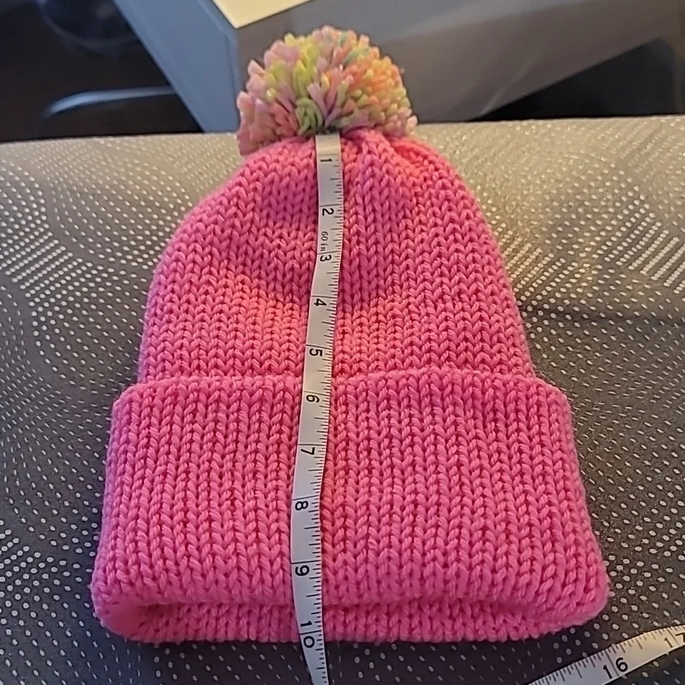 Handmade Pink Knit Beanie with Multicolor Pom-Pom